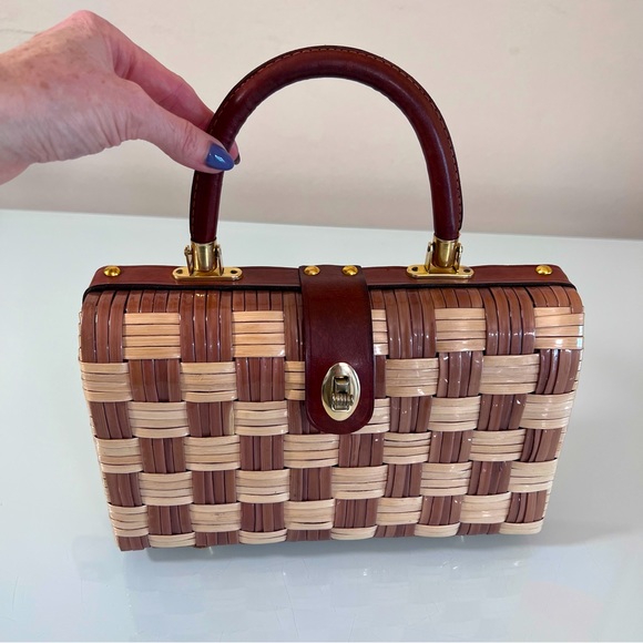 Source Unknown Handbags - PURSE | Brown, tan & gold checkered basket woven medium box spring hand purse